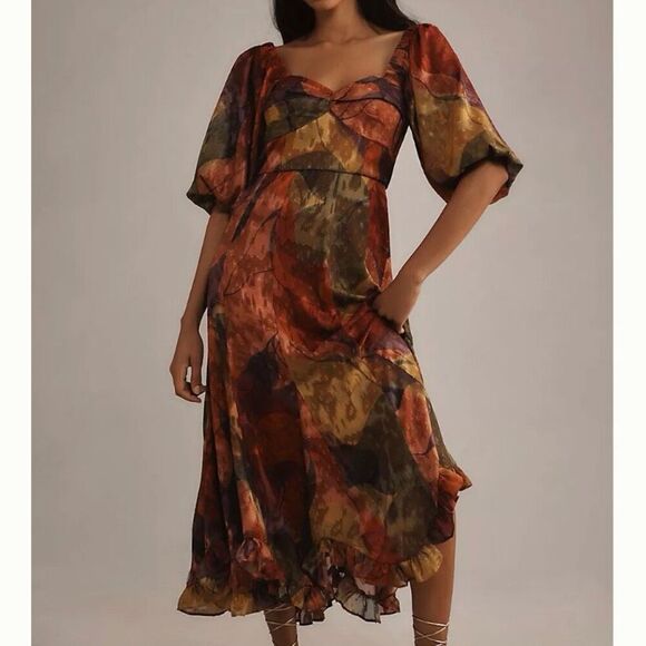 Hutch Boho Twist Front Puff Sleeve Scallop Ruffle Hem Midi Dress NWT Size Small - Picture 1 of 8